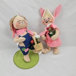 Vintage Pair Annalee Easter Mobility Dolls Farmer Rabbit Boy Girl Bunny Plush
